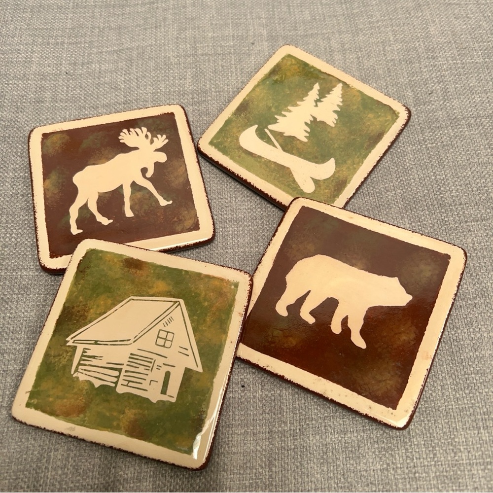 Vintage CLAY ART Rustic Lodge 4-pcs Wildlife Porcelain Coasters Set #08312510